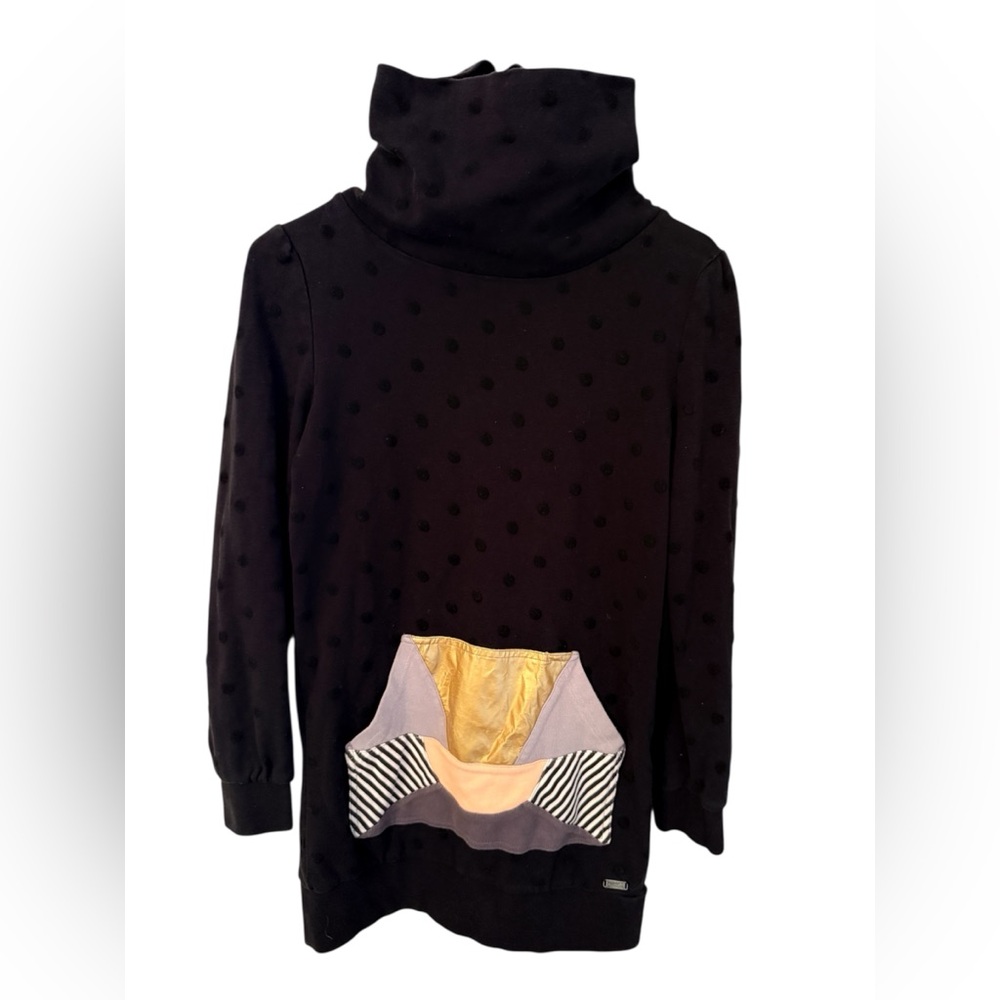 Nümph Sweatshirt Black Cowl Neck Dress Flocked Polka Dot Patchwork Pocket Size S